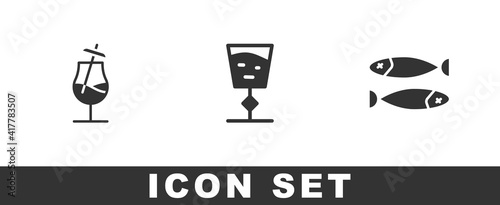 Set Cocktail, Wine glass and Dried fish icon. Vector.