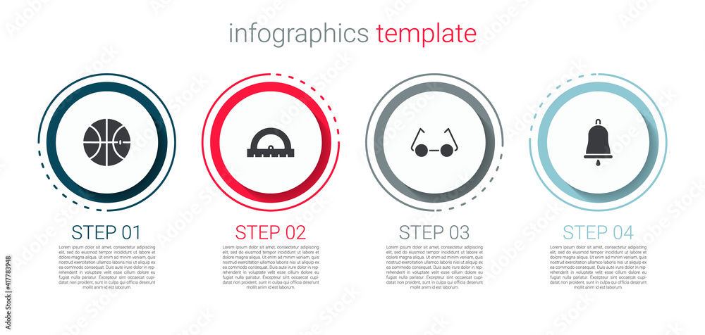 Set Basketball ball, Protractor, Glasses and Ringing bell. Business infographic template. Vector.