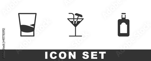 Set Glass of vodka, Cocktail and Whiskey bottle icon. Vector.
