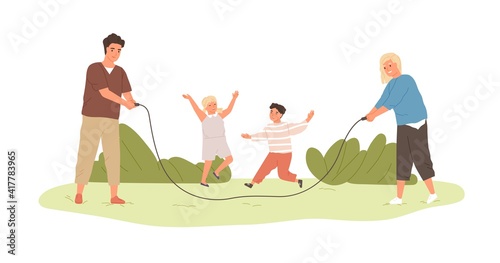 Happy active kids jumping over skipping rope, held by parents. Family spending leisure summer time outdoors playing with children. Colored flat cartoon vector illustration isolated on white background