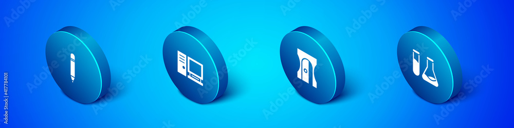 Set Isometric Pencil with eraser, sharpener, Test tube and flask and Computer monitor icon. Vector. Set Isometric Pencil with eraser, sharpener, Test tube and flask and Computer monitor icon. Vector.