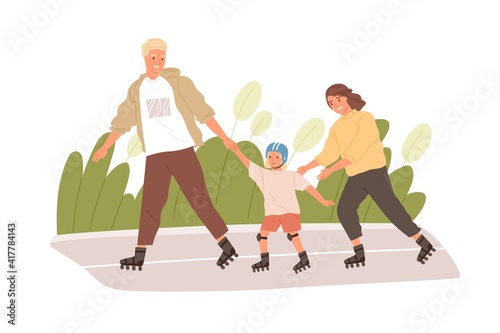 Happy active family roller skating in park together. Kid learning to rollerblade with help of mother and father. Summer sports activity. Colored flat vector illustration isolated on white background
