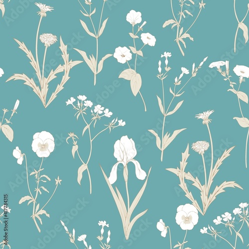 Wild white flowers on a turquoise background. Vintage wind pattern for fabric with irises, petunias, dandelions and other plants.