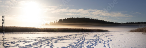Winter landscape in Finland. Panoramic view of snow-covered sea.