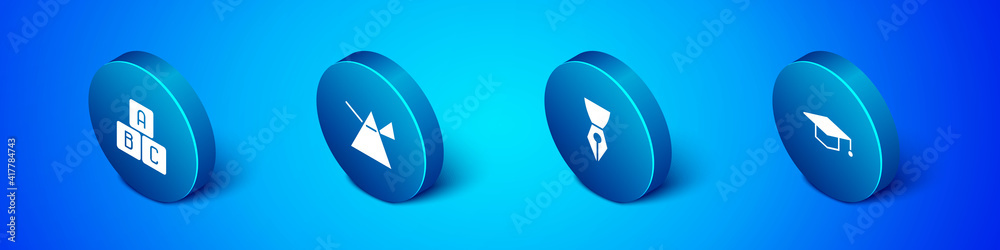 Set Isometric ABC blocks, Fountain pen nib, Graduation cap and Light rays prism icon. Vector. Set Isometric ABC blocks, Fountain pen nib, Graduation cap and Light rays prism icon. Vector.