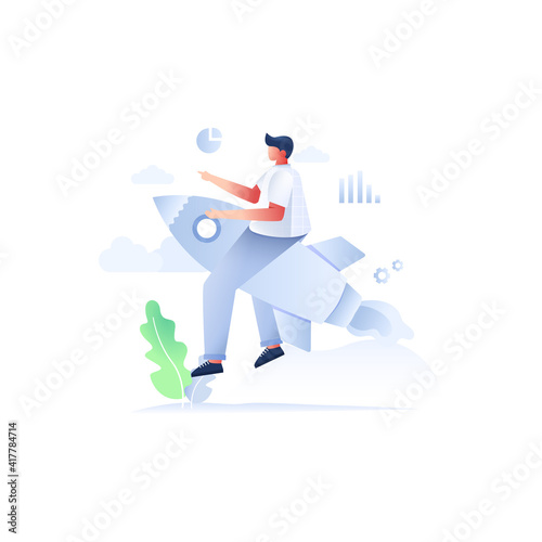 Business concept with man sitting on rocket illustration design. Businessman sitting on a rocket business startup concept.