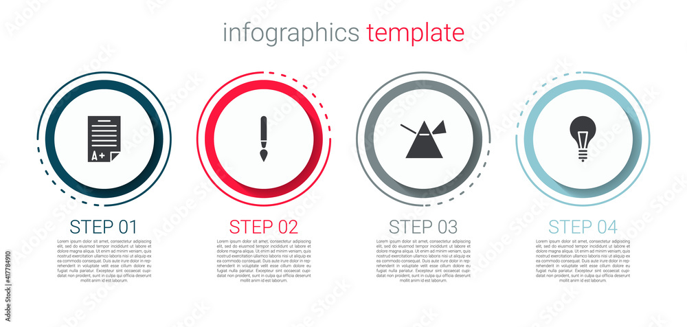 Set Exam sheet with A plus grade, Paint brush, Light rays prism and bulb concept of idea. Business infographic template. Vector.