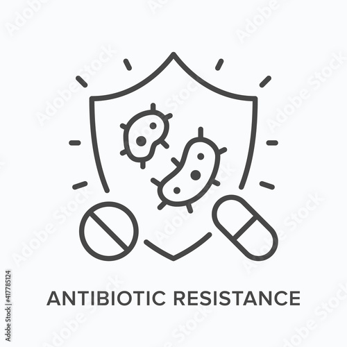 Antibiotic resistance flat line icon. Vector outline illustration of strong microbe and shield. Black thin linear pictogram for infection medical problem