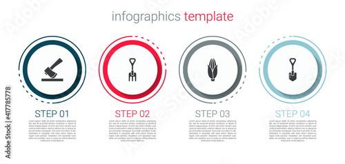 Set Wooden axe, Garden rake, Corn and Shovel. Business infographic template. Vector.