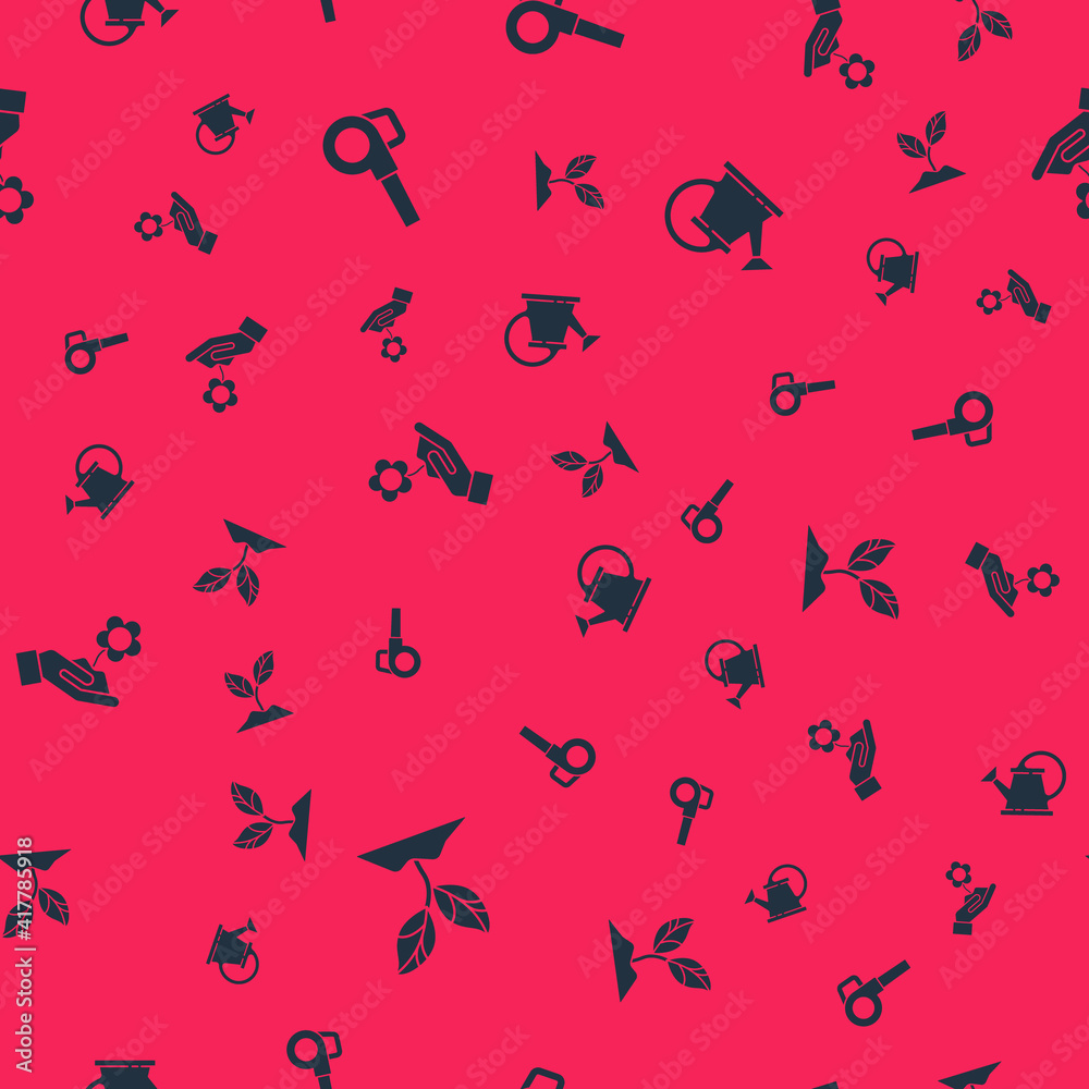 Set Plant, Leaf garden blower, Hand holding flower and Watering can on seamless pattern. Vector. Set Plant, Leaf garden blower, Hand holding flower and Watering can on seamless pattern. Vector.