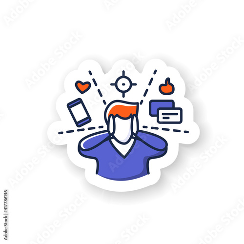 Attention focus sticker. Man limiting attention and ignoring social media distractions badge for designs. Sign for mindfulness practice and productive thinking vector emblem
