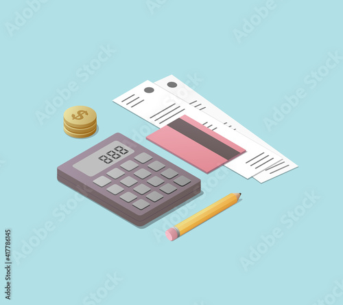 Home finance and business concept. Paying taxes. Colored isometric vector illustration. 