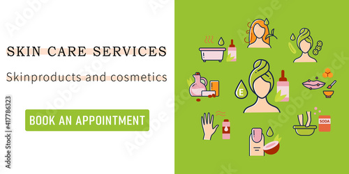 DIY natural skincare web banner.Skin care services-facial masks, hair care, lip care, essential oil bath.Template for landing, web page,layout.Facial beauty treatment website interface idea with icons
