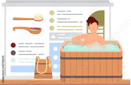 Guy is sitting in barrel and having rest. Man in tub against background of poster with sauna accessories, broom for banya and text. Male character in hot steam. Person relaxing in boiling water