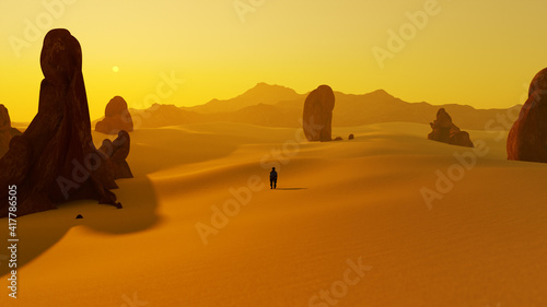 lonely man in the dry sunset desert