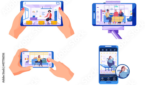 Set of illustrations about shooting and processing photos with sick people. Medicine lesson at school. Girl suffers from headache. Man measures temperature. Woman helping elderly characters