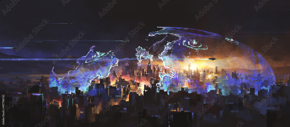 A city attacked by aliens, science fiction illustration. Stock ...