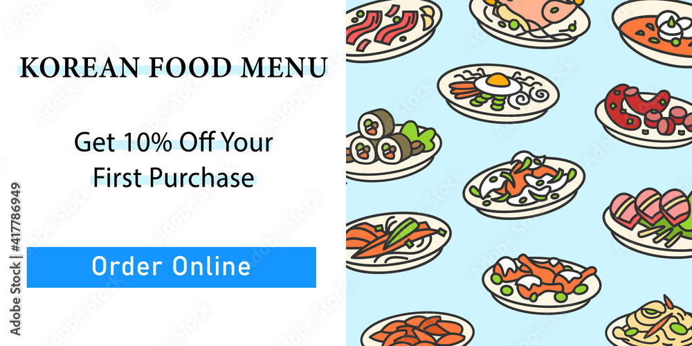Korean food web banner. Set of traditional korean dishes template for landing, web page, layout.Eastern meal, meat, vegetables,sauces. Asian food and korean cuisine website interface idea with icons