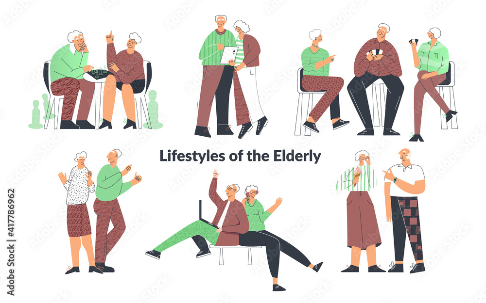 Elderly senior people lifestyle, couple playing games, friend having fun, family chatting on computer. Old lady and gentlemen. Set of senior citizen flat cartoon illustration