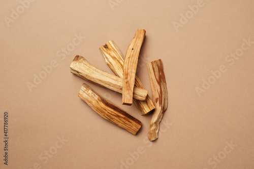 Scattered sticks of Palo Santo tree on a nude background. View from above. Organic holy tree incense from Latin America. Close-up color photo of natural incense.