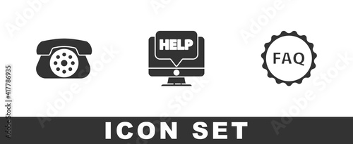 Set Telephone, Computer monitor and help and Label with text FAQ icon. Vector.