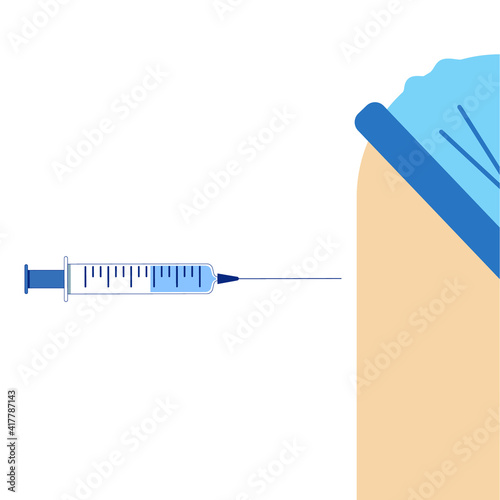 Vaccination person by syringe. An injection dose of the vaccine into the patient's arm. Vaccination, antiviral shot. Injecting vaccinate with a syringe. Hands in surgical gloves. Vector 8 eps