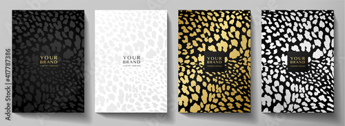 Fashionable abstract cover design set. Luxury black, gold, silver background with leopard pattern (animal print). Premium vector collection for brochure, notebook template, menu
