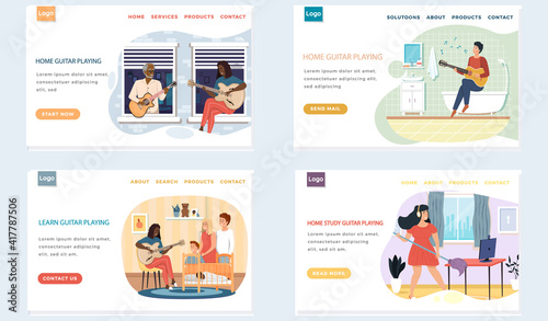 Set of illustrations with people playing guitar at home. Guitarists use stringed musical instrument. Website about guitar playing. Musicians with musical instruments create melodies and sing