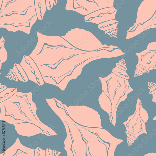 Trendy flat silhouette sea shells seamless pattern for fabric, textile, apparel, cloth, interior, stationery, package. Modern handmade aquatic endless texture. Tropical ocean shells editable design.