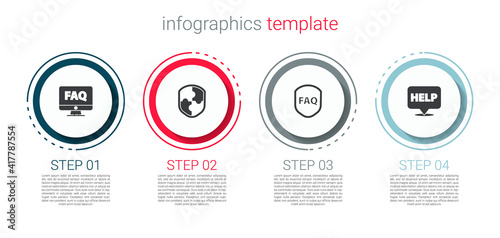 Set Computer monitor and FAQ, Shield, with text and Speech bubble Help. Business infographic template. Vector.