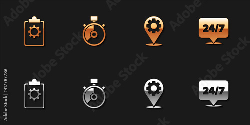 Set Checklist with 24 hours service, Stopwatch, Location gear and Clock icon. Vector.