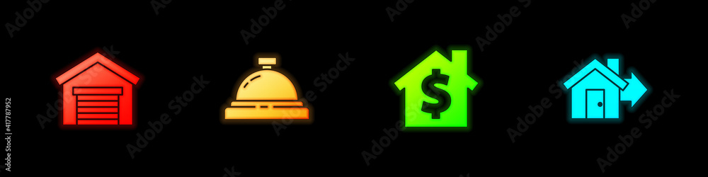 Set Garage, Hotel service bell, House with dollar symbol and Sale house icon. Vector. Set Garage, Hotel service bell, House with dollar symbol and Sale house icon. Vector.