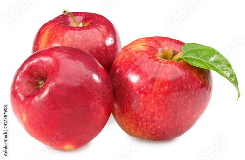red apples with green leaf isolated on white background. clipping path.