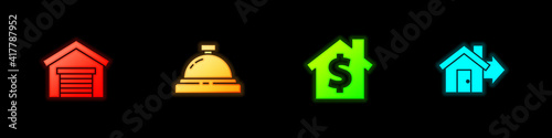 Set Garage, Hotel service bell, House with dollar symbol and Sale house icon. Vector.
