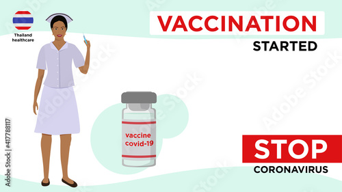Vector illustration of the beginning of coronavirus vaccination in Thailand. The nurse will give a wall of the vaccine. Flyer or banner for vaccination of the population.