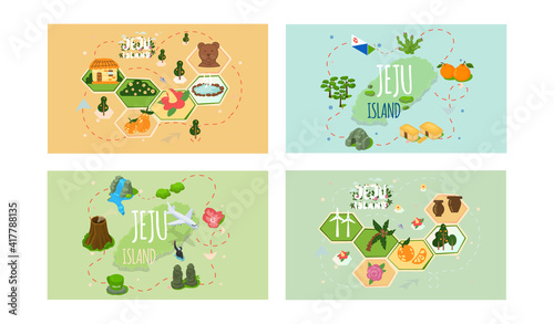 Welcome to Jeju island in South Korea, traditional landmarks, symbols, popular place for visiting tourists, jeju green tropical island travel concept. Korean land with traditional attractions