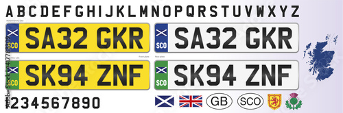 Scotland car license plate, letters, numbers and symbols, vector illustration, United Kingdom