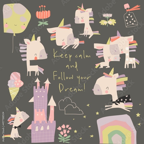 Set of cute little unicorns and magic elements