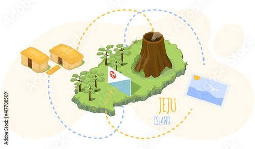 Jeju island attractions flyer. Travel to South korea to dormant volcano. Vacation in Asia. Banner traditional landmarks, symbols, popular sights for visiting tourists at green tropical island