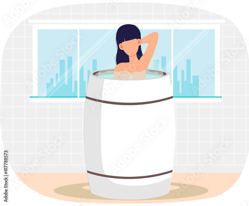 Young woman standing in white tub. Bathhouse or banya modern interior design. Girl in barrel is resting in sauna. Female character in hot water. Person is cleaning skin putting hand behind head