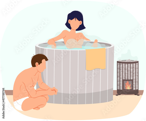 Naked lady standing in tubs and talking to her boyfriend. Bathhouse interior design. Couple is resting in sauna. Cartoon characters in hot steam are cleaning body and spending time together