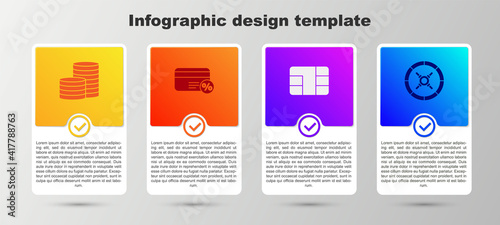 Set Coin money, Discount card with percent, Credit chip and Safe. Business infographic template. Vector.