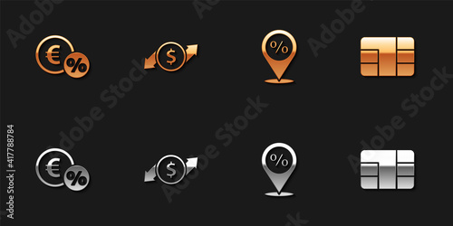 Set Money coin with percent, Financial growth and dollar, Location discount and Credit card chip icon. Vector.