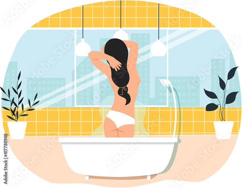 Lady standing in bathtub with hot water. Trendy bathroom interior design. Girl is taking bath. Cleansing skin and hair concept. Female character relaxing in home sauna with steam and takes shower