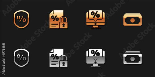Set Loan percent, Finance document and lock, Percent discount monitor and Stacks paper money cash icon. Vector.