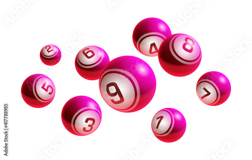 Pink Lottery Bingo Balls From 1 to 9 Isolated on White Background
