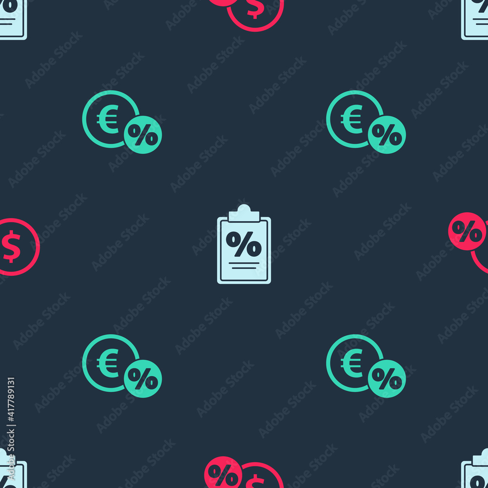 Set Money coin with percent, Finance document and on seamless pattern. Vector. Set Money coin with percent, Finance document and on seamless pattern. Vector.