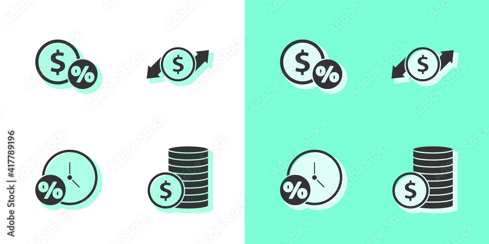 Set Coin money with dollar, Money coin percent, Clock and and Financial growth icon. Vector. Set Coin money with dollar, Money coin percent, Clock and and Financial growth icon. Vector.