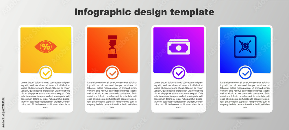 Set Eye with percent, Old hourglass, Stacks paper money cash and Safe. Business infographic template. Vector. Set Eye with percent, Old hourglass, Stacks paper money cash and Safe. Business infographic template. Vector.