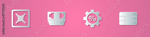 Set paper cut Safe, Stacks paper money cash, Gear with percent and Credit card chip icon. Paper art style. Vector.